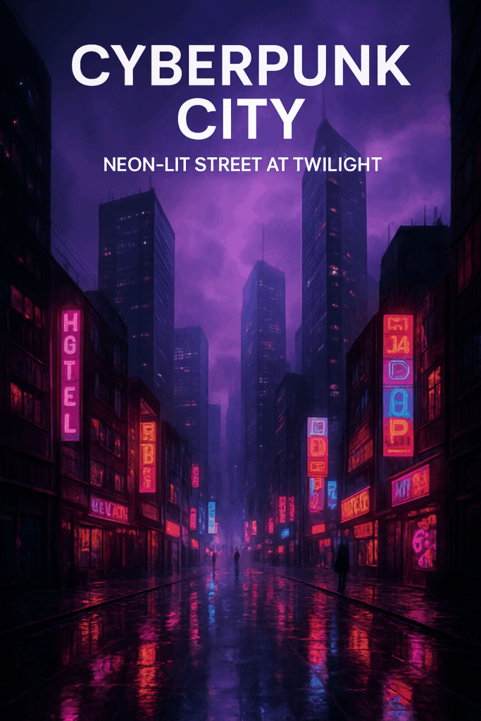 Create a cyberpunk cityscape at twilight with towering glass skyscrapers