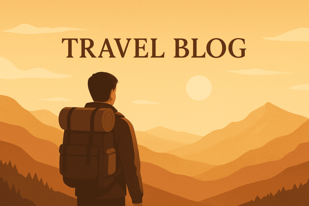 Design a travel blog banner featuring a person with a backpack overlooking a vast mountain