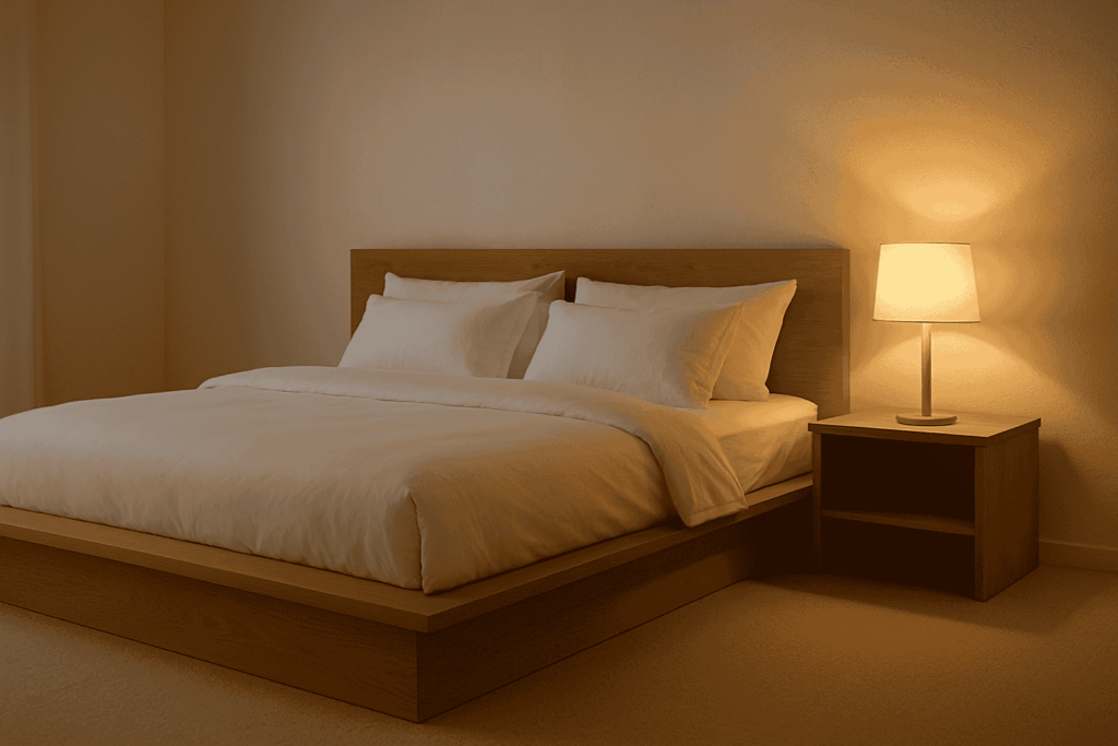 Show a minimalist bedroom with a large wooden platform bed